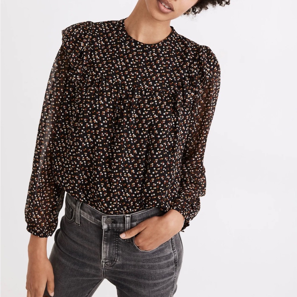 Madewell - Georgette Black Floral Smocked Blouse / Top - XS